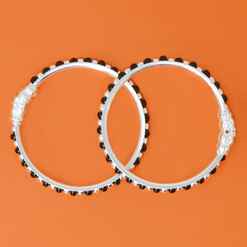 Unisex Black beaded Silver Baby Bangle Set - Heavy Design (Design 101) - PAAIE