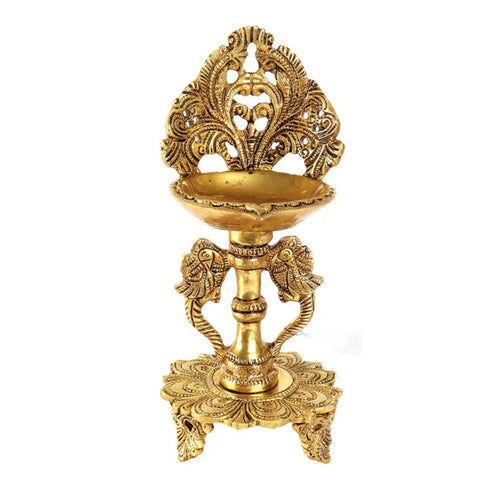 Ethnic Twin Peacock Design 9 Inches Brass Oil Diya with Base, Temple Decor, Home Decor Oil Diya Lamp, Indian Handicraft Diya, Handmade Lamp (Design 51)