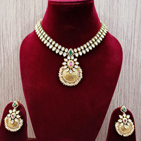 Designer Gold Plated Two Layer Royal Kundan Necklace with Earrings (D281)