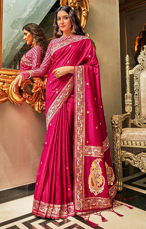 Delightful Mahroon Color Party Wear Banarasi Silk Designer Saree - PAAIE