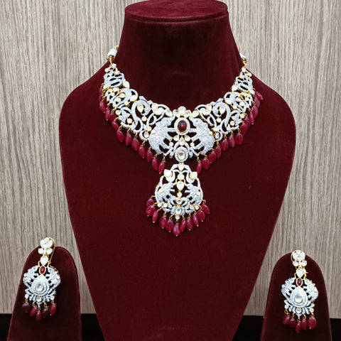Designer Semi-Precious American Diamond Necklace with Earrings (D289)