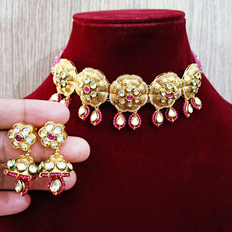 Designer Gold Plated Single Layer Royal Kundan & Ruby Necklace with Earrings (D237)