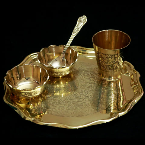 Brass Pooja Bhog Thali Set for Mandir, Brass Thali Set for Home & Temple (Design 62)