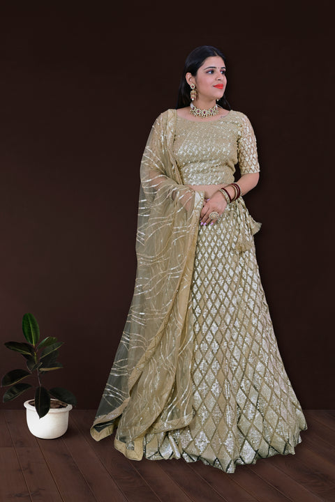 Designer Wedding Golden Color Heavy Sequin Net Lehenga Choli (D149)
