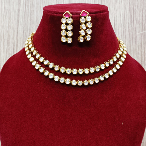 Designer Gold Plated Two Layer Royal Kundan Ruby Necklace with Earrings (D296)