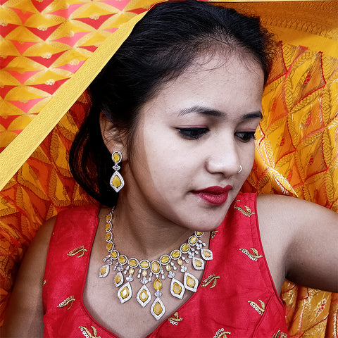 Yellow Color American Diamond Necklace with Earrings (D130) - PAAIE