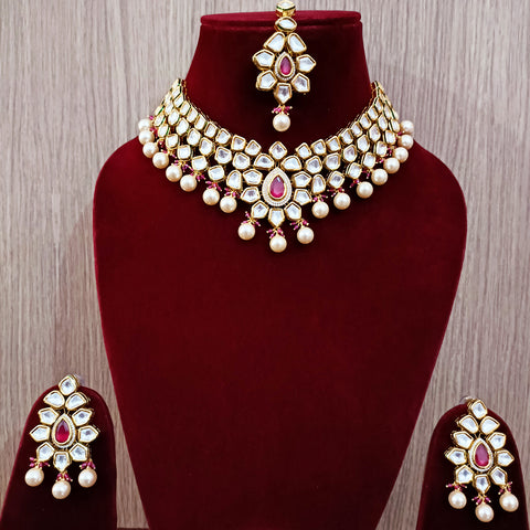 Designer Gold Plated Three Layer Royal Kundan & Pearl Necklace with Earrings (D261)
