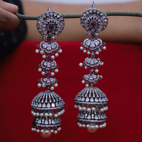 Oxidised Silver Plated Metal Earrings Jhumki with White Beads for Women (E114) - PAAIE