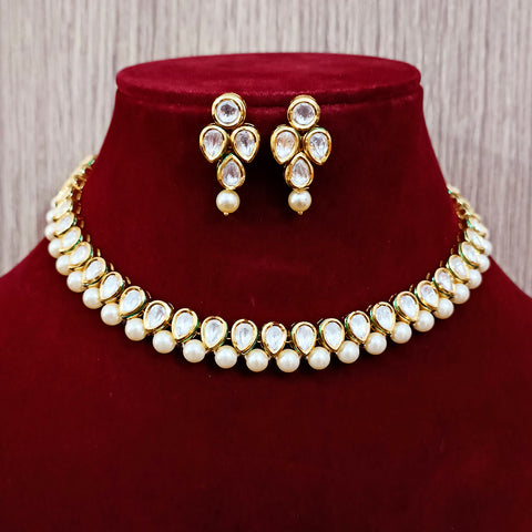 Designer Gold Plated Single Layer Royal Kundan & Pearl Necklace with Earrings (D258)