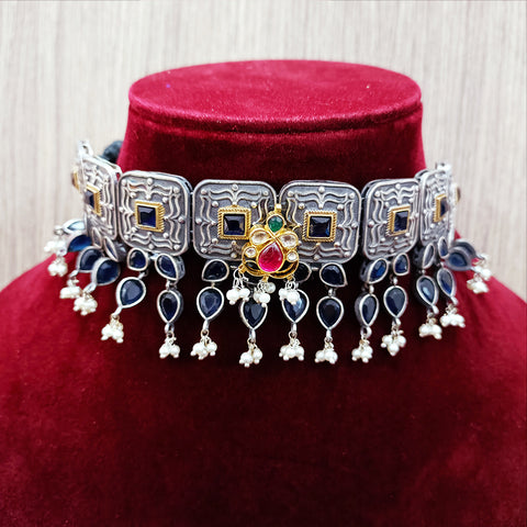 Designer Silver Oxidized & Blue Beaded Necklace Set (D267)