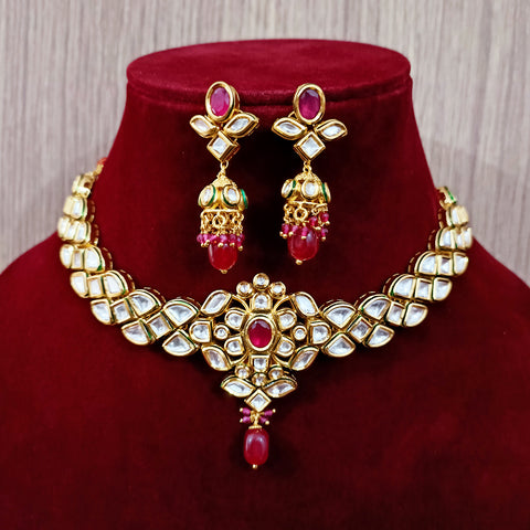 Designer Gold Plated Multi Layer Royal Kundan & Ruby Necklace with Earrings (D254)