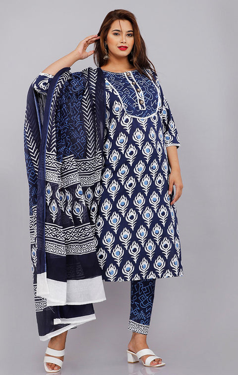 Adorable Navy Blue  Designer Kurti, Pant with Dupatta For Ethnic Wear (K351) - PAAIE