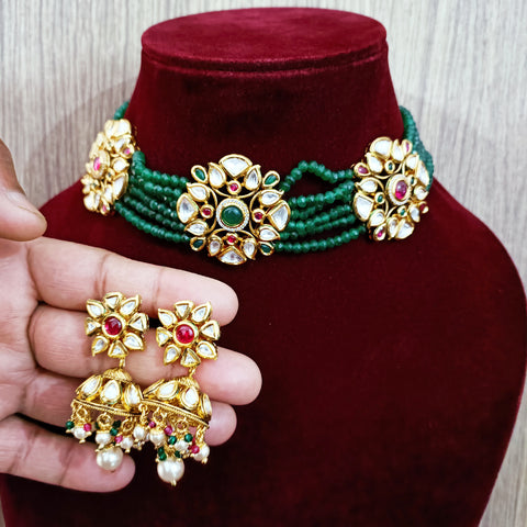 Designer Multi Layer Royal Kundan & Emerald Necklace with Earrings (D265)