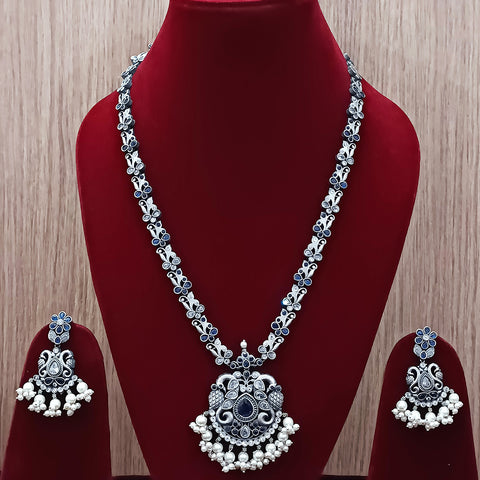 Designer Silver Oxidized & Blue Beaded Long Necklace Set (D270)