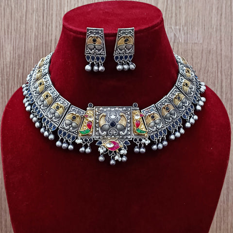 Designer Silver Oxidized & Gold Enameled Blue Beaded Necklace Set (D269)