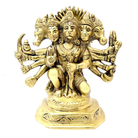 Seated Panchmukhi Hanuman Brass Statue, Hindu Monkey Deity Brass Hanuman Statuette, Hindu God Idols, Bajrang Bali Statue (Design 39)