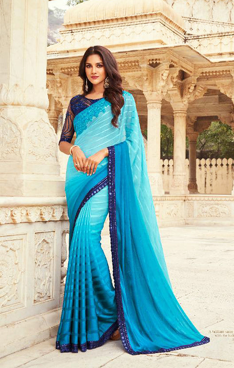 Designer Blue/Navy Silk Georgette Saree with Sequins Embroidery & Handwork Butta Work