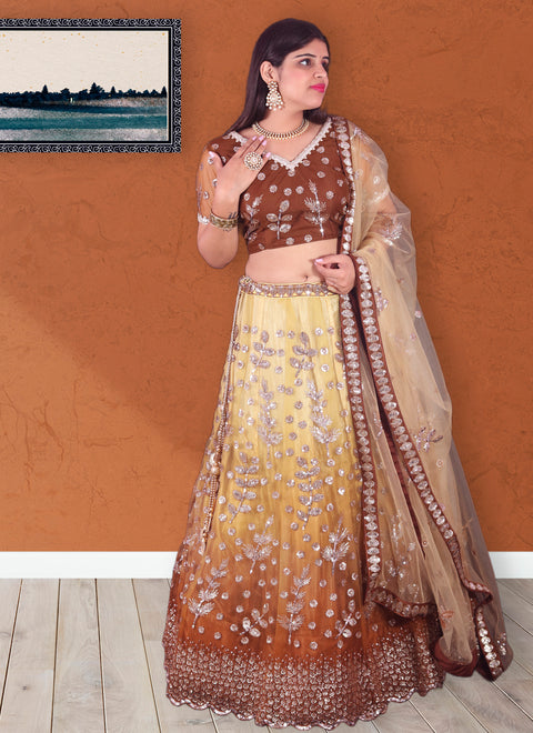 Designer Wedding Mustard Yellow & Brown Color Silver Toned Heavy Sequin Net Lehenga Choli (D146)