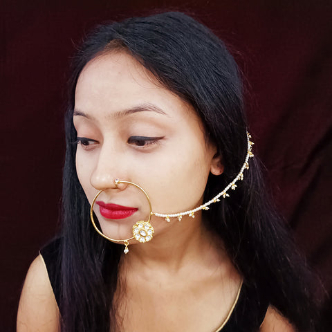 Gold Plated Royal Kundan Studded Nose Ring with Chain - NATH (Design 1)
