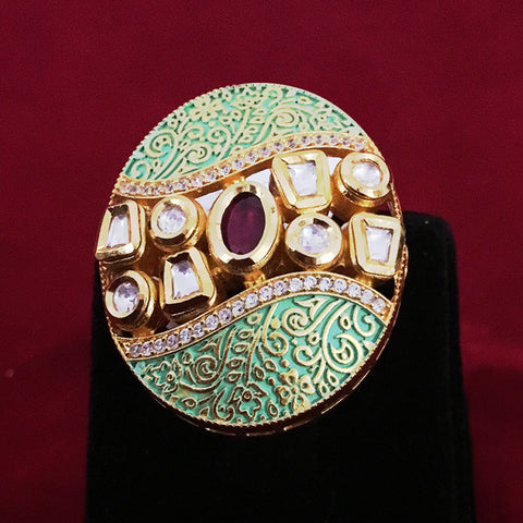 Gold Plated Adjustable Kundan Ring (Design 62) - PAAIE