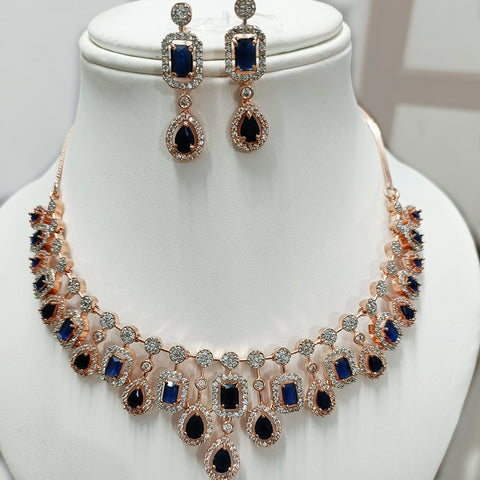 Blue Stone Rose Gold American Diamond Necklace with Earrings (D96) - PAAIE