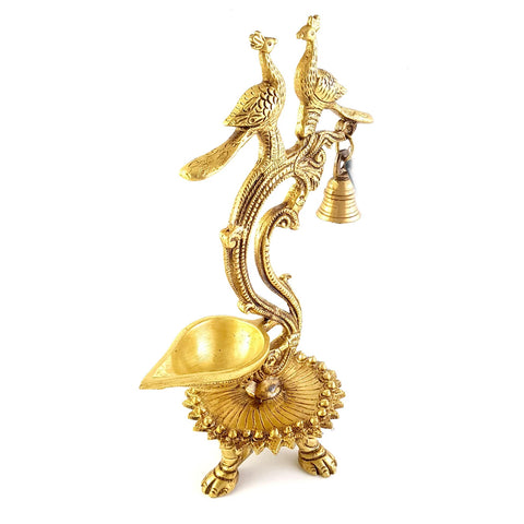 Ethnic Carved Twin Peacock Over Brass Diya, Indian Decor Diya, Brass Oil Lamp, Indian Houseware, Brass Decorative Diyas (Design 54)