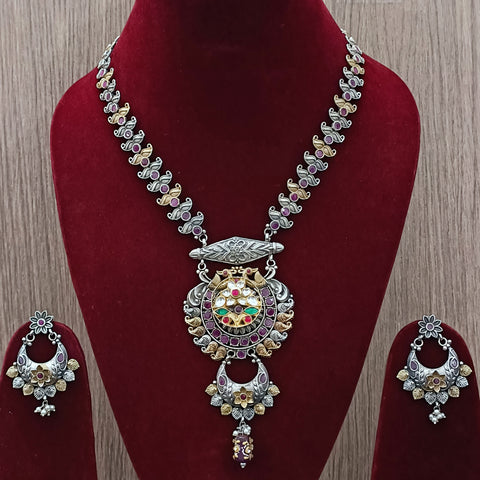 Designer Silver Oxidized & Gold Enameled Necklace Set (D272)