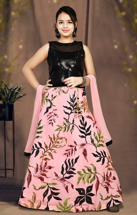 Lehenga Choli in Black/Pink Color with Sequins & Embroidery Work