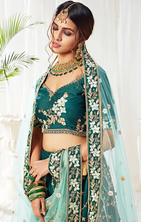 Designer Engagement Dark Green And Mint Embroidered Silk Lehenga Choli (D21)