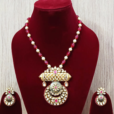 Designer Gold Plated Royal Kundan Pendant with Red & White Beaded Chain Set (D243)