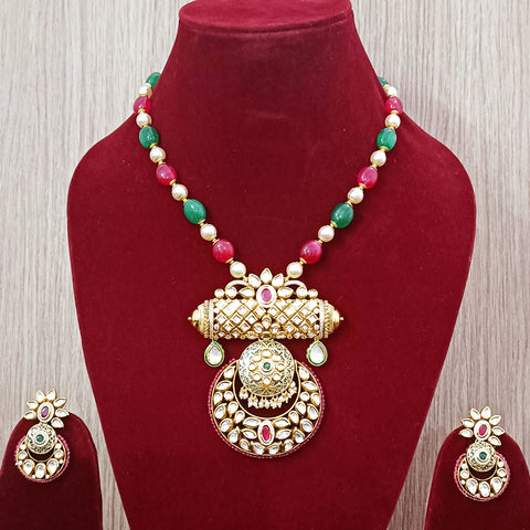 Designer Gold Plated Royal Kundan Pendant with Multicolor Beaded Chain Set (D244)