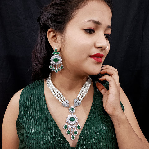 Green Color Gold American Diamond Necklace with Earrings (D116) - PAAIE