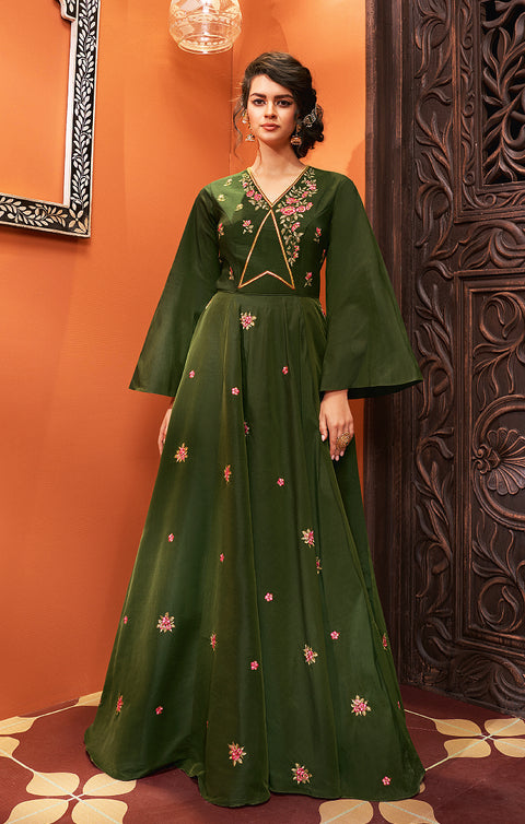 Imposing Rama Green Gown with Embroidery Work In Modern Style (K386) - PAAIE