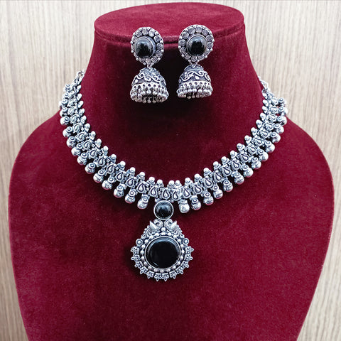 Designer Silver Oxidized & Black Color Beaded Necklace Set (D275)