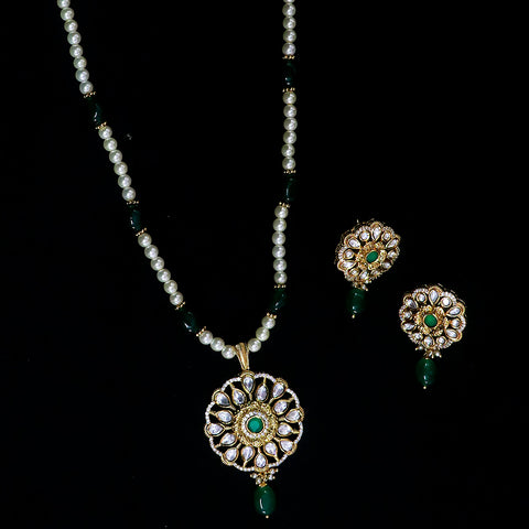 Designer Gold Plated Royal Kundan & Emerald Pendant Set (D549)