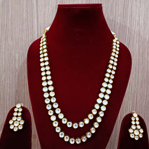 Designer Gold Plated Two Layer Royal Kundan Long Necklace with Earrings (D259)