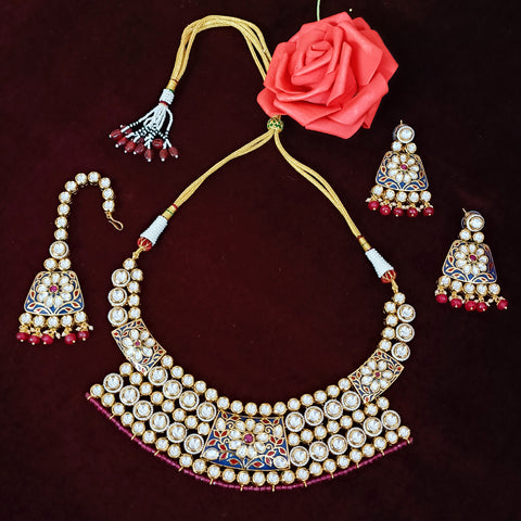 Designer Multi Layer Royal Kundan with Blue Enamel Print Necklace with Earrings (D301)