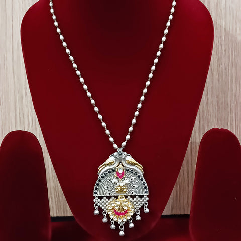 Designer Silver Oxidized & Blue Beaded Long Necklace Set (D266)