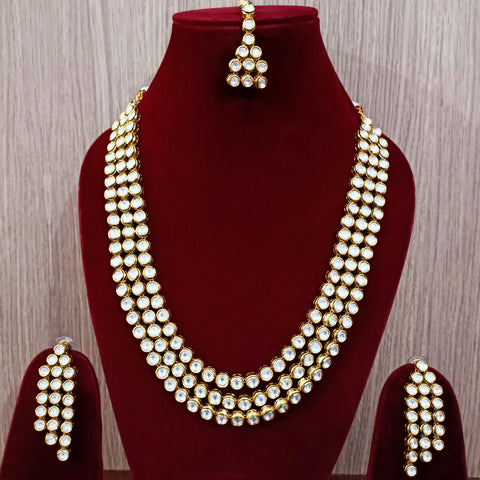 Designer Gold Plated Three Layer Royal Kundan Long Necklace with Earrings (D263)