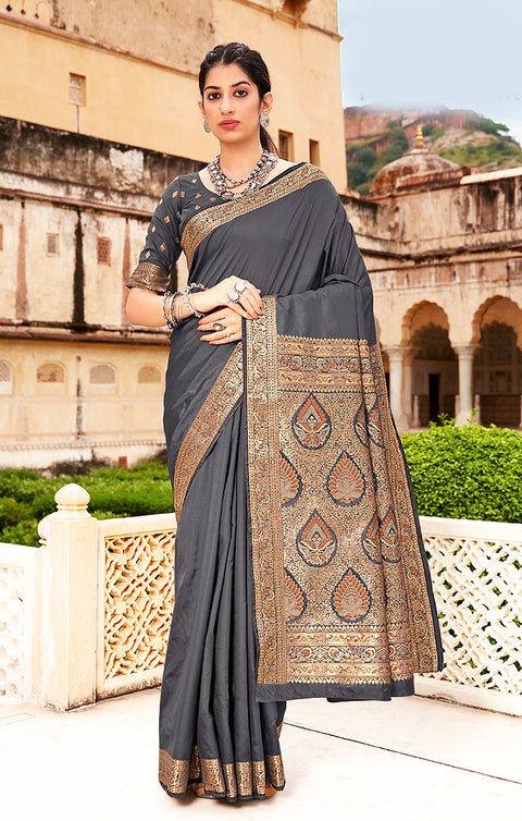 Ravishing Grey Color Party Wear Banarasi Silk Designer Saree - PAAIE
