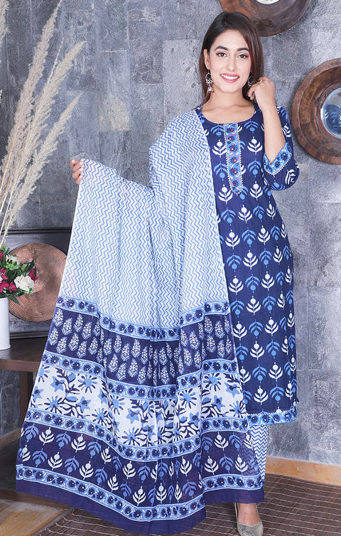 Intricate Navy Blue Designer Kurti, Pant with Dupatta For Ethnic Wear (K340) - PAAIE