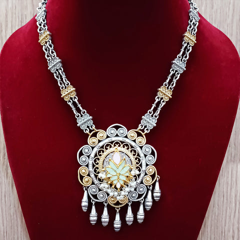 Designer Silver Oxidized & Gold Enameled Necklace Set (D268)