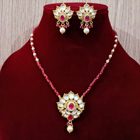 Designer Gold Plated Royal Kundan Pendant with Red & White Beaded Chain Set (D248)