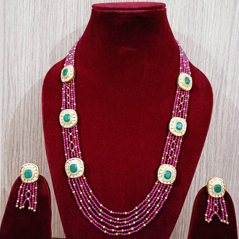 Designer Royal Kundan & Green Bead Long Necklace with Earrings (D250)