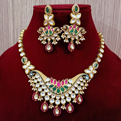 Designer Gold Plated Two Layer Royal Kundan, Ruby & Green Bead Necklace with Earrings (D252)