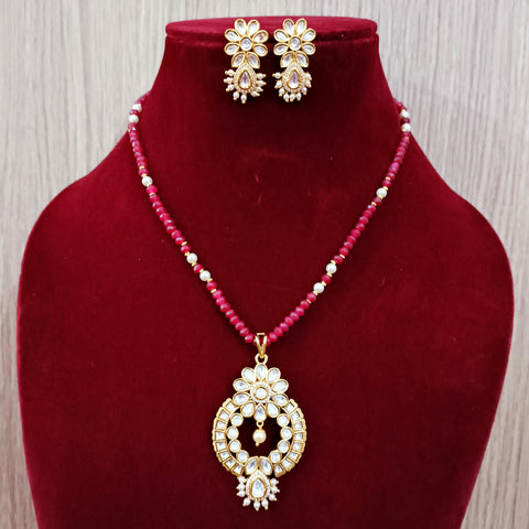 Designer Gold Plated Royal Kundan Pendant with Red Beaded Chain Set (D260)
