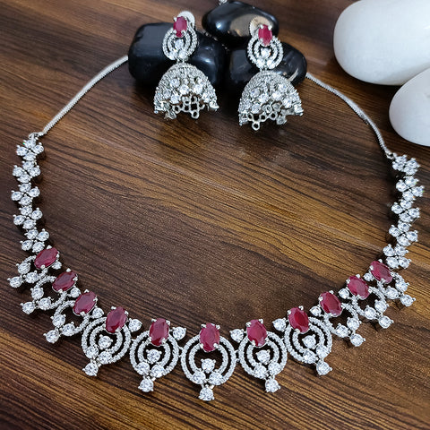 Red Color American Diamond Necklace with Earrings (D124) - PAAIE