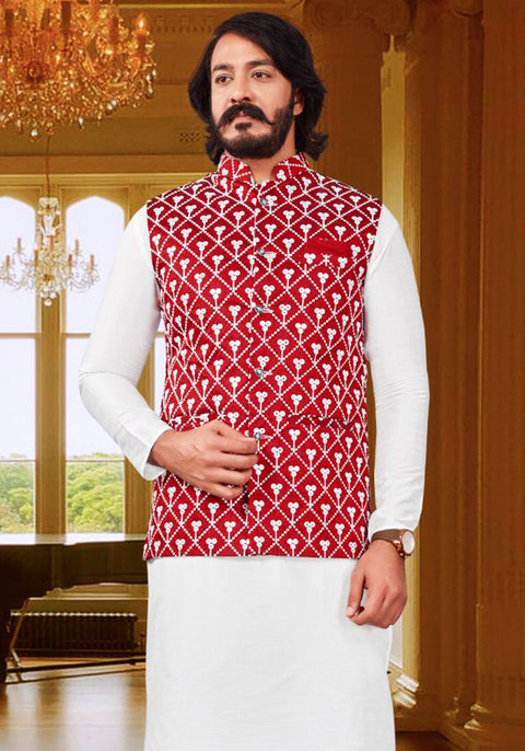 Designer Silk Kurta Pajama with Waist Coat in Mirror Work - White/Red (D75)
