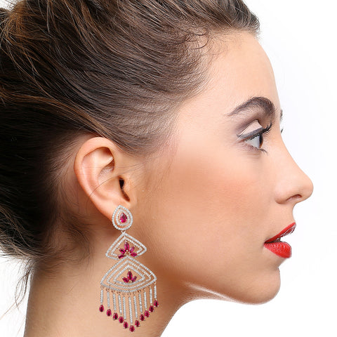 Triangular Semi Precious Ruby American Diamond Earrings - PAAIE