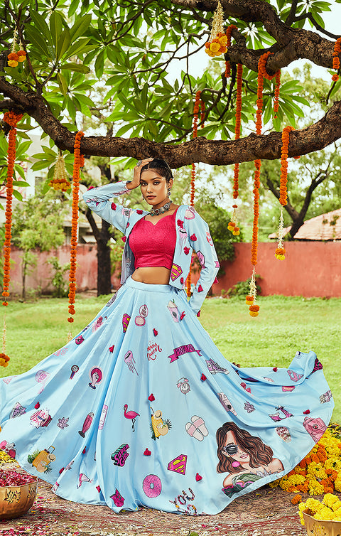 Designer Blue/Pink Muslin Cotton Digital Printed Lehenga (D62)